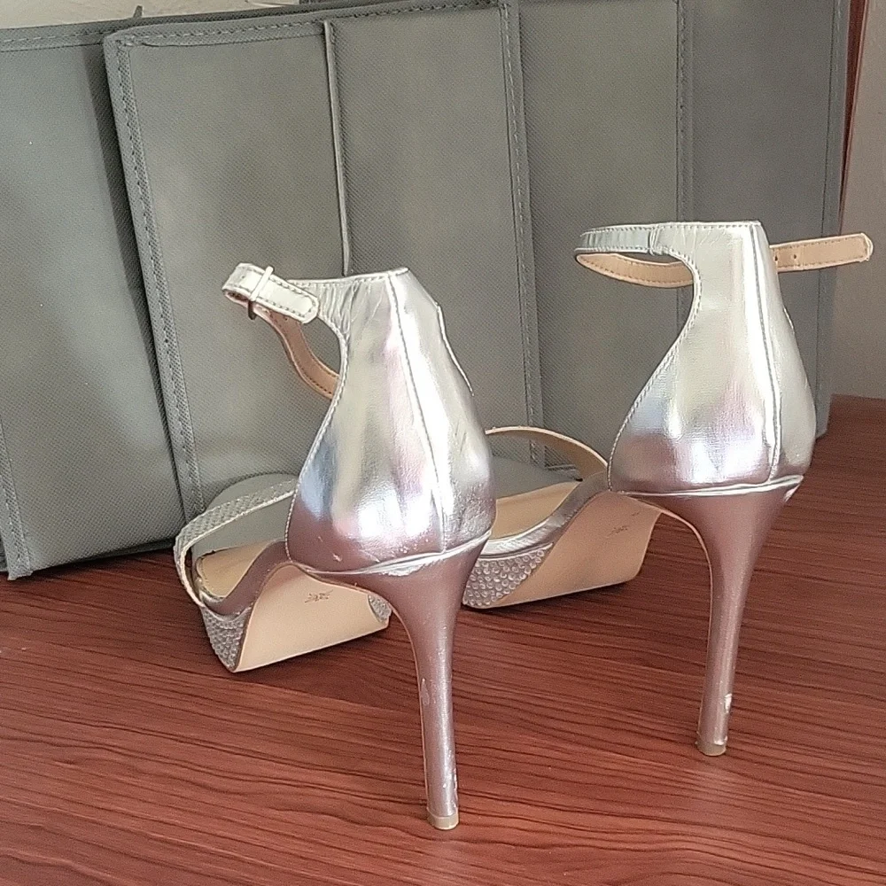 BCBGeneration Silver Bejeweled Ankle Straps Stiletto Heels